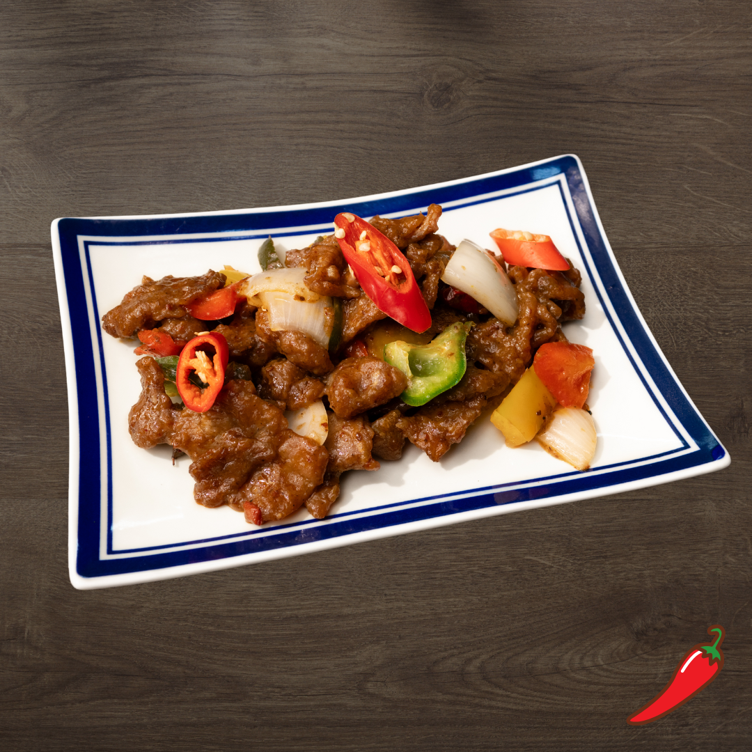 Wok Fried Mala Beef Sliced with Trio Peppers & Onion