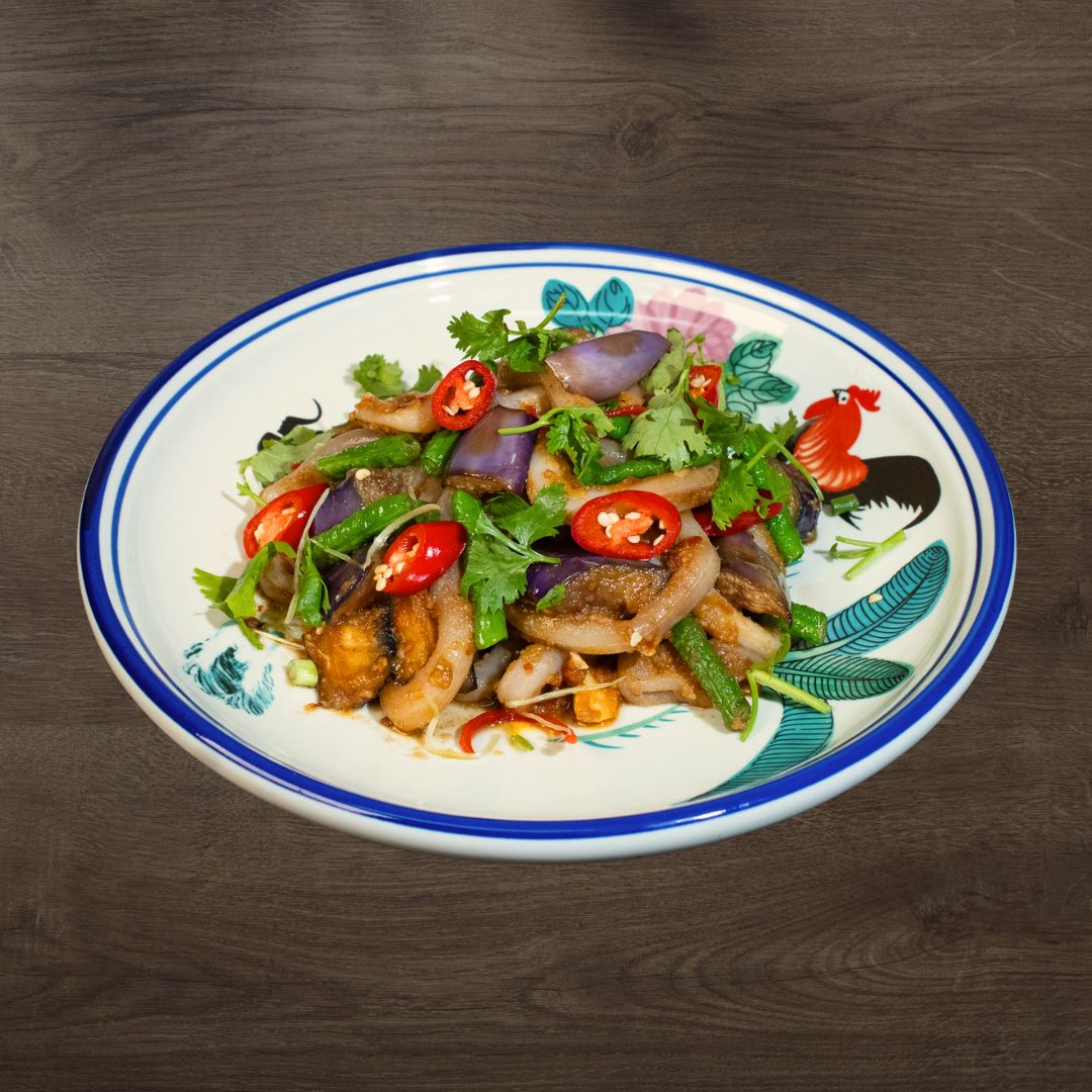 Spicy Bean Garlic Squid with Eggplant & Long Bean